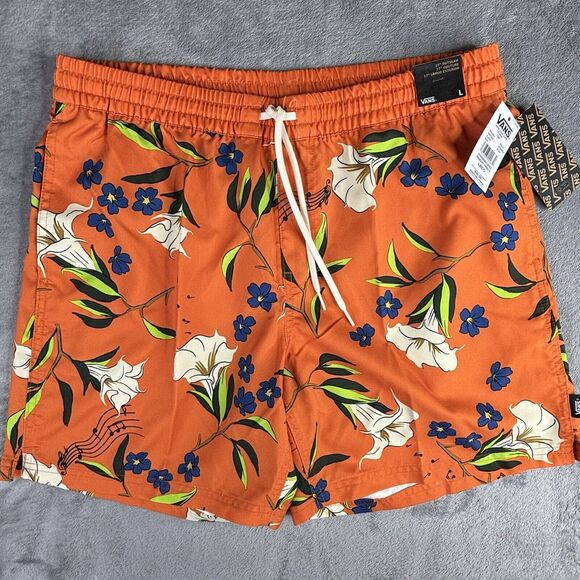 VANS Swim Trunks Mens Large Orange Floral Bathing Suit Shorts Drawstring New $59 - Picture 1 of 16